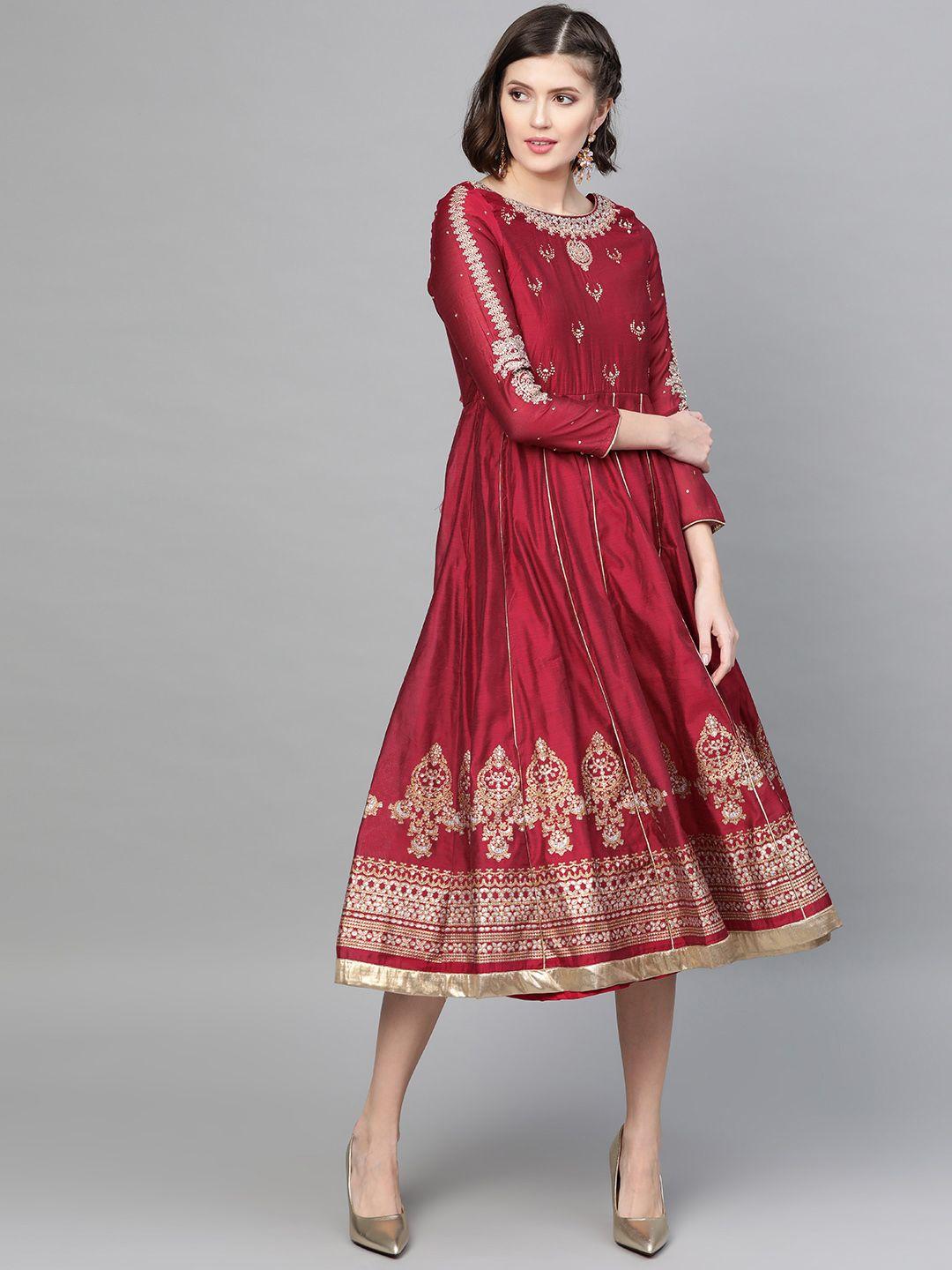 w maroon & golden ethnic motifs embroidered a-line dress