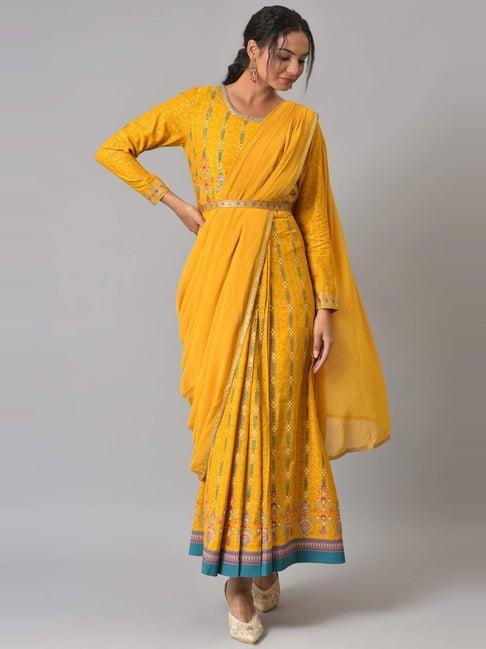 w mustard floral print a line saree kurta