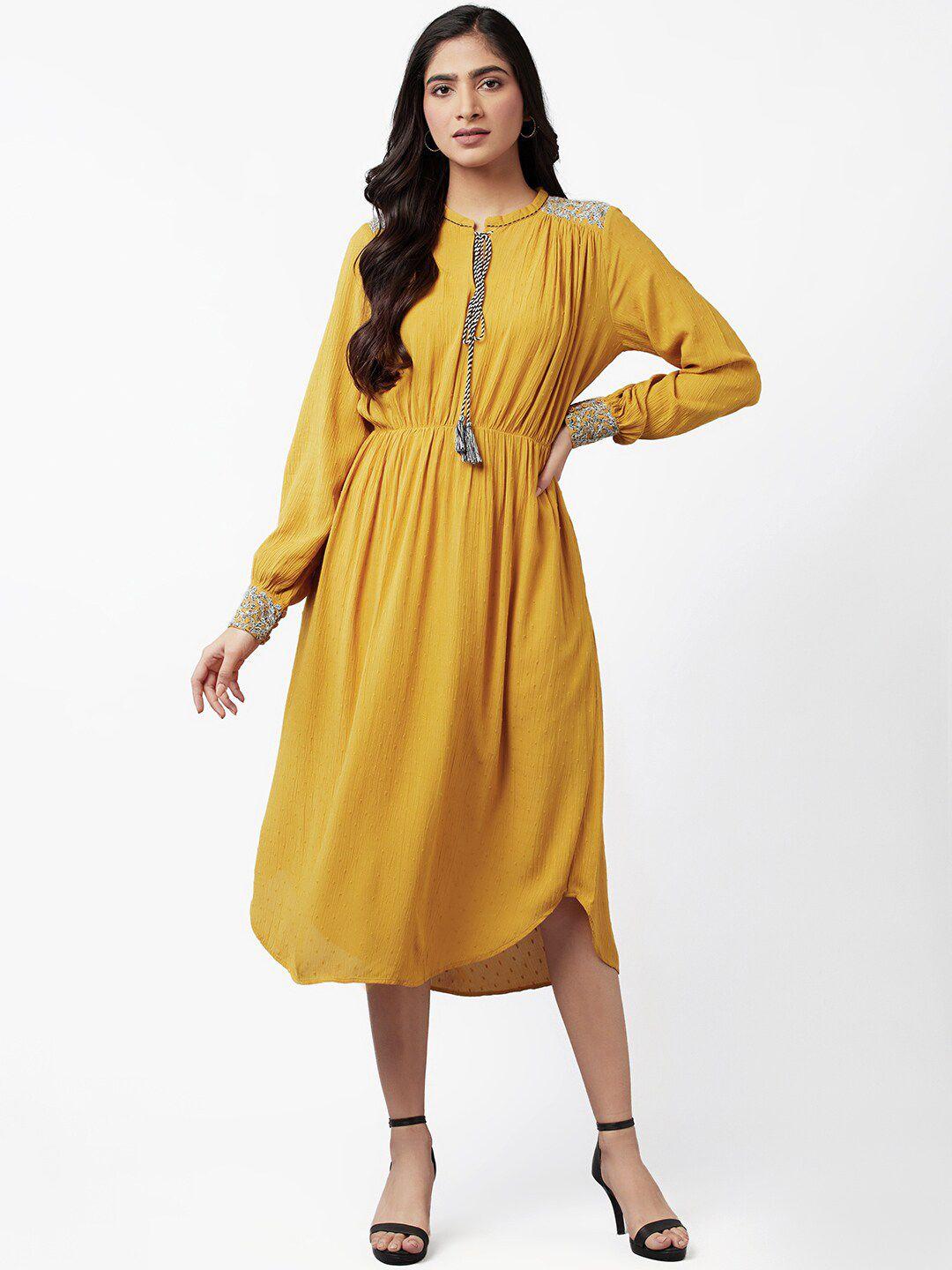 w mustard yellow a-line midi dress