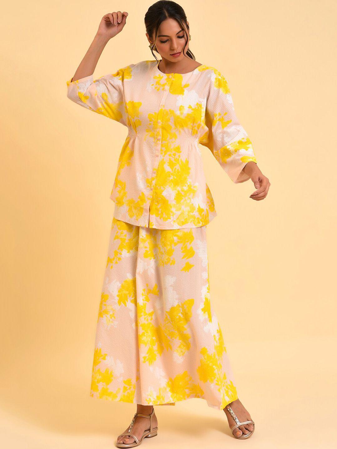 w peach-coloured & yellow abstract printed pure cotton top with palazzos