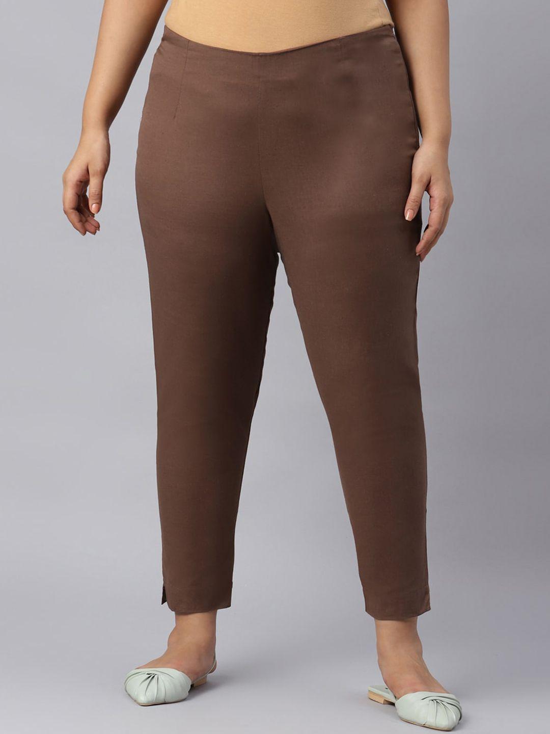 w plus size women brown solid slim fit trousers