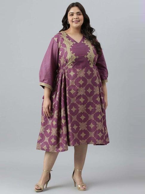 w purple cotton printed a-line dress