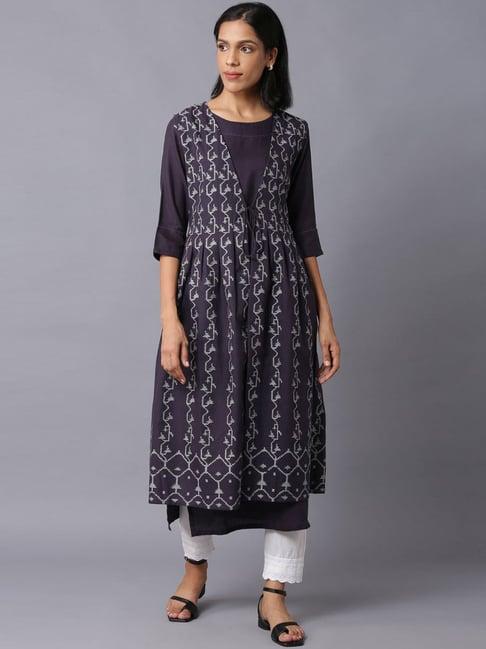 w purple cotton woven pattern a line kurta with jacket
