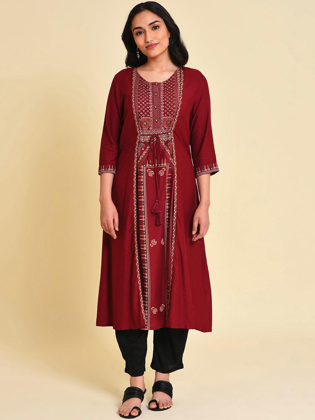 w round neck ethnic motifs printed sequins straight kurta
