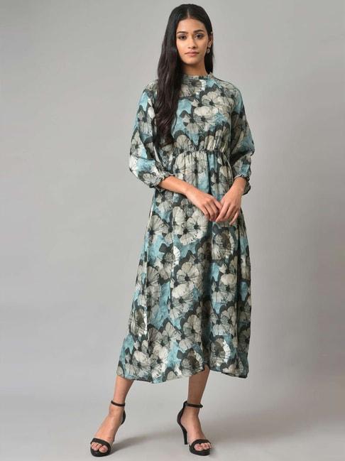 w teal blue & grey cotton floral print a-line dress