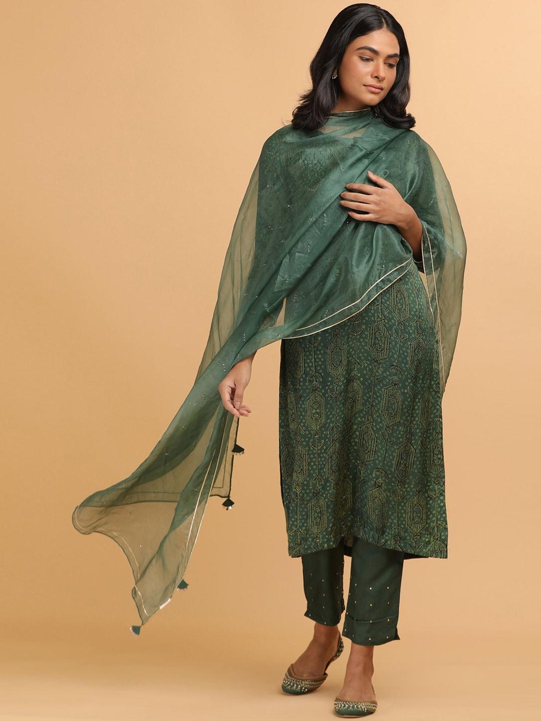 w the folksong collection - women green ajrakh print kurta in modal satin