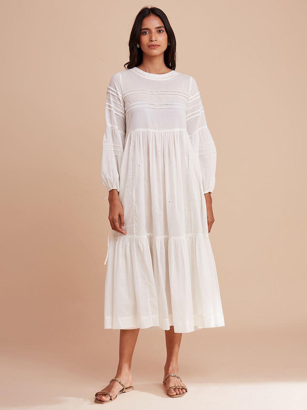 w the folksong collection cream-coloured solid  a-line tiered midi dress