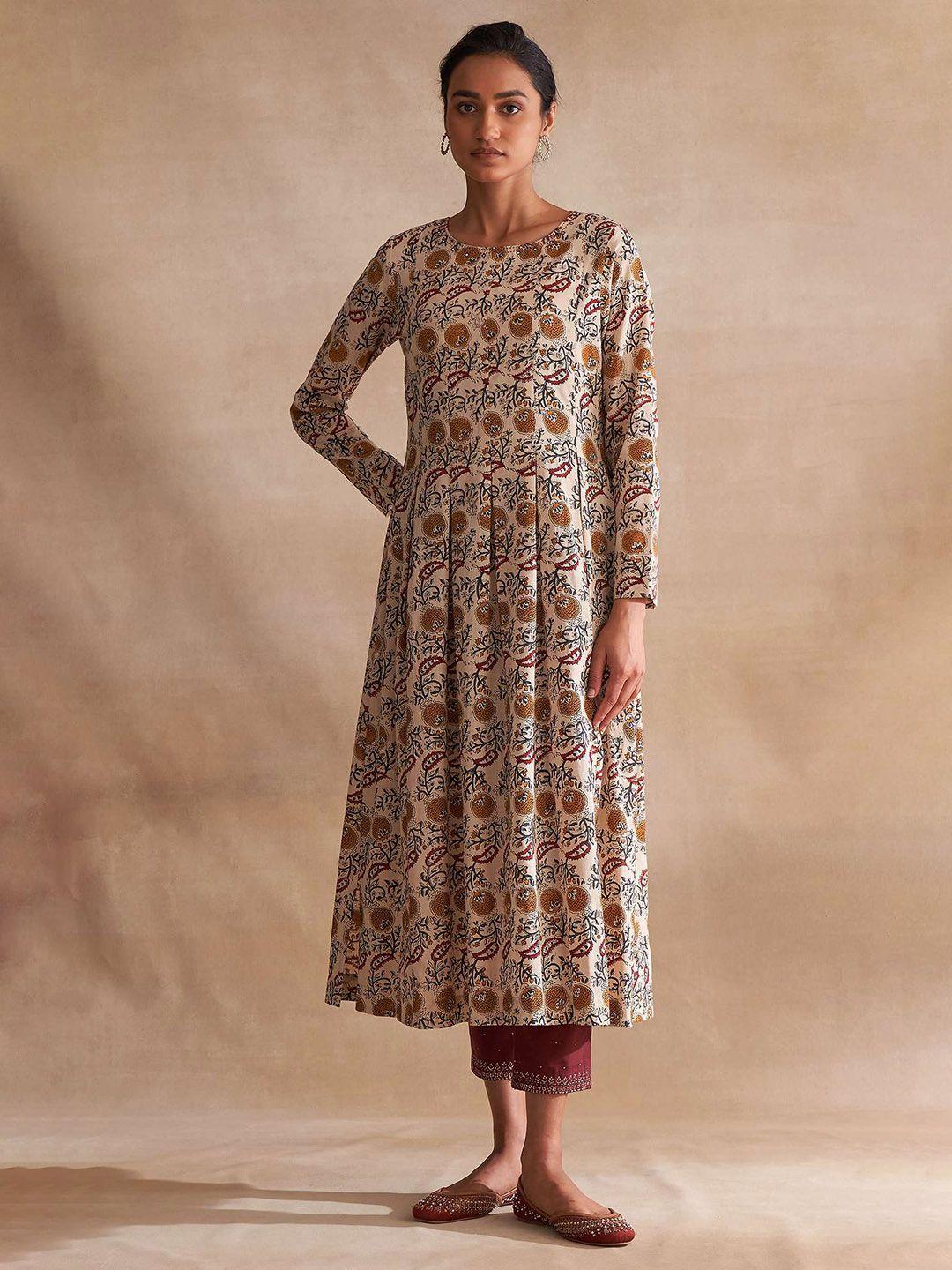 w the folksong collection women beige & yellow floral printed anarkali cotton kurta
