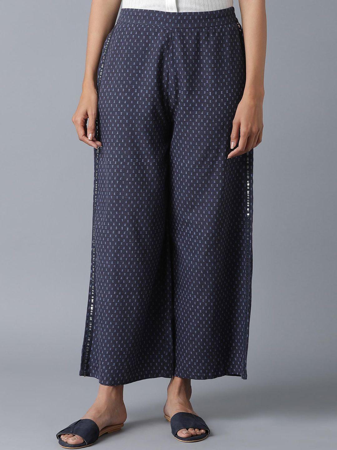 w the folksong collection women blue regular fit ethnic motifs printed trousers