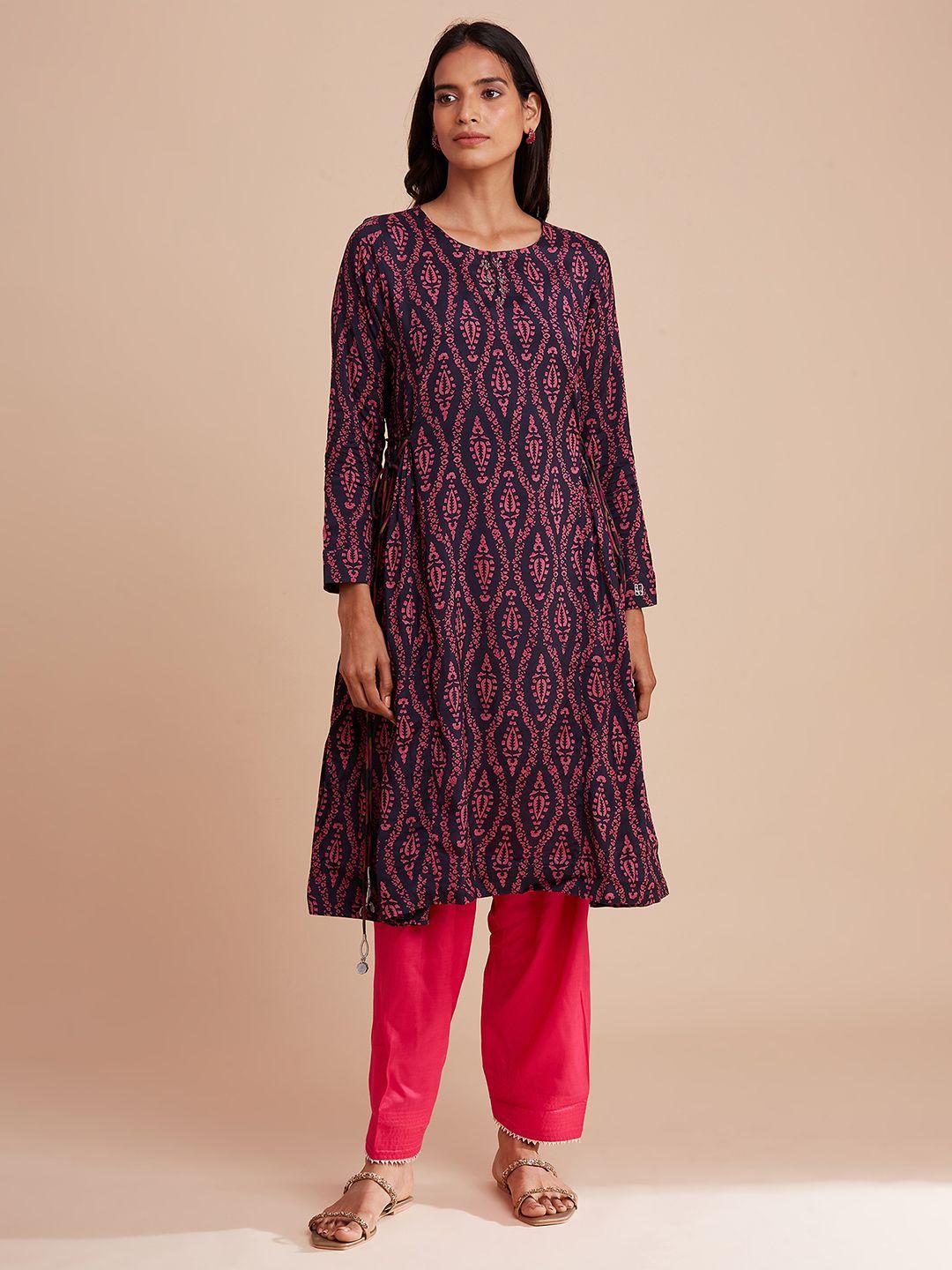w the folksong collection women navy blue & pink ethnic motifs printed rayon kurta