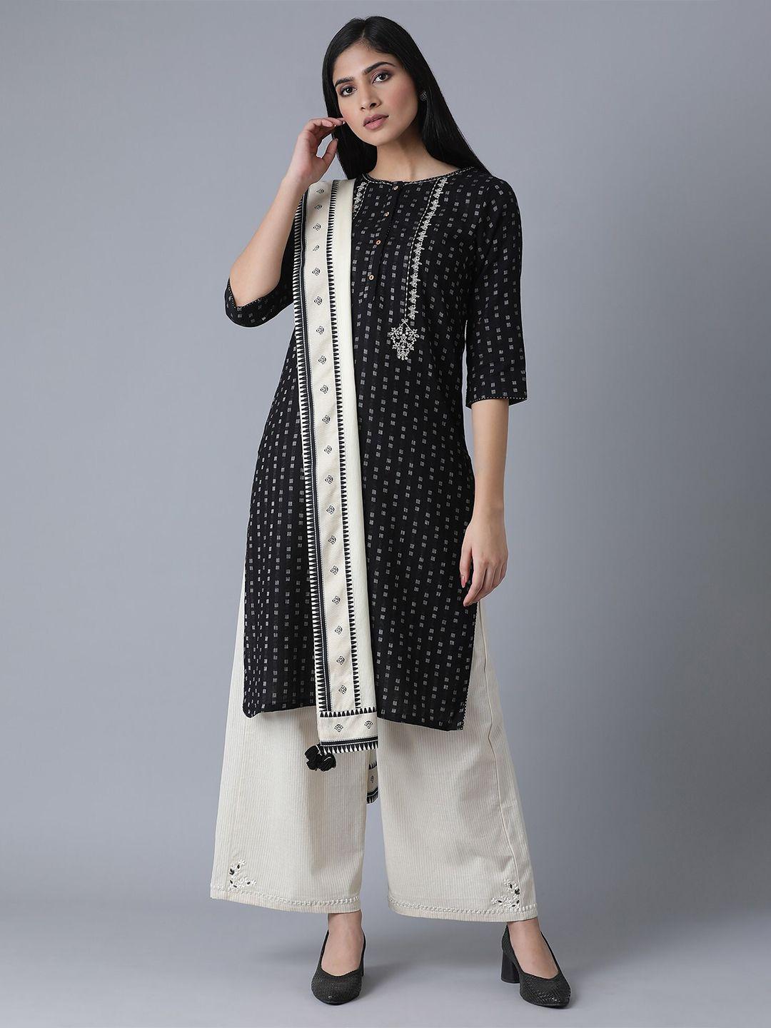 w white & black ethnic motifs embroidered pure cotton dupatta with thread work