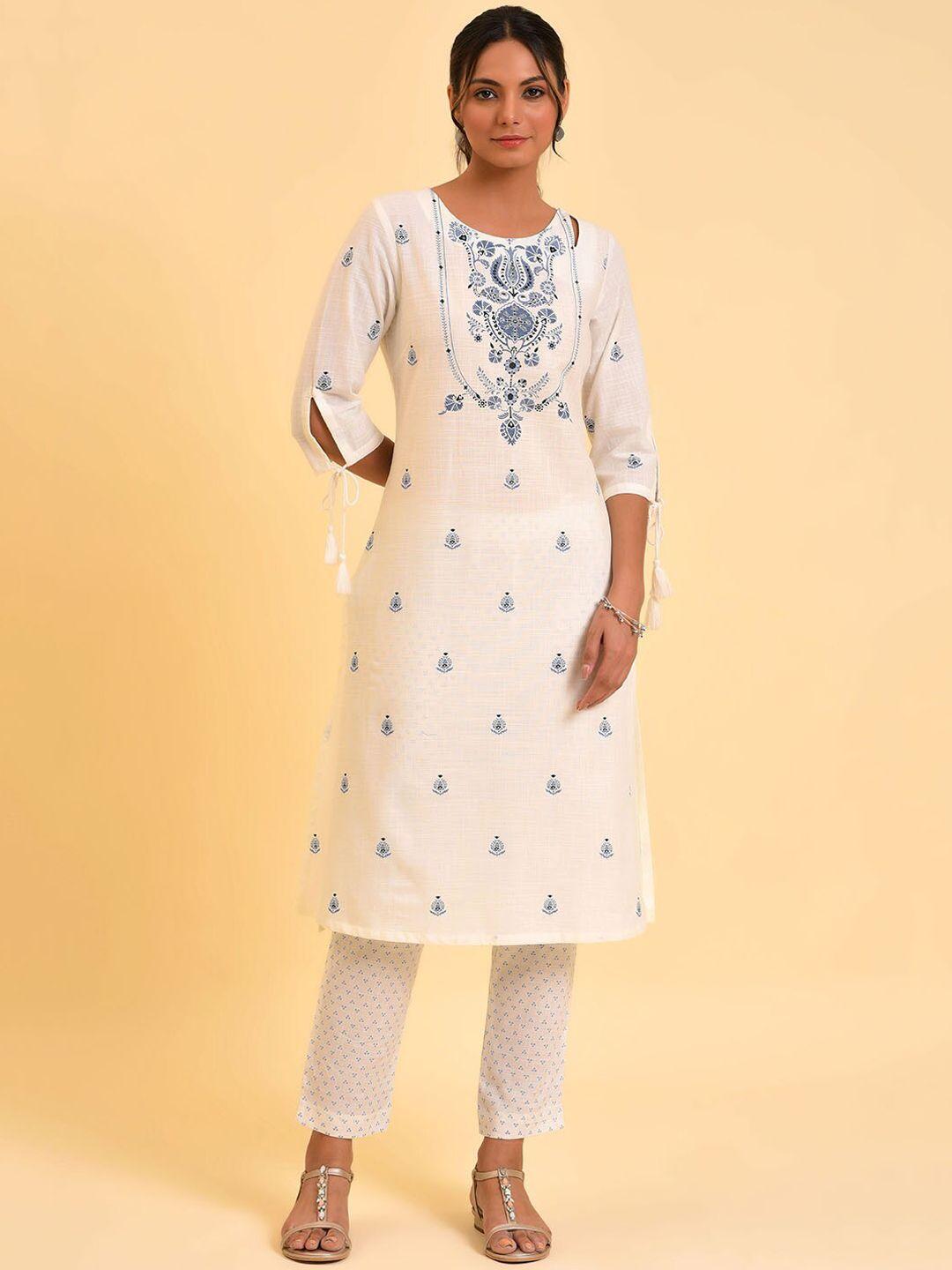 w white & blue ethnic motifs printed pure cotton kurta with trousers