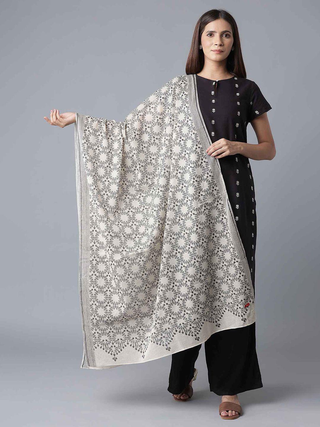 w white & grey ethnic motifs printed cotton dupatta