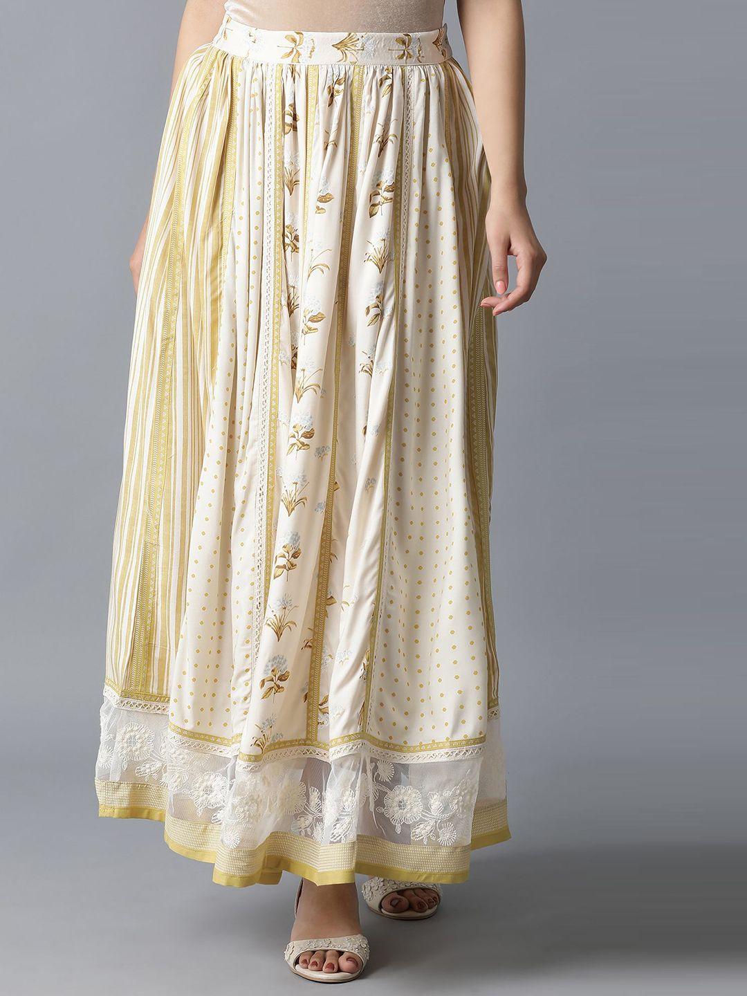 w women beige & off-white printed lace inserted flared maxi skirt