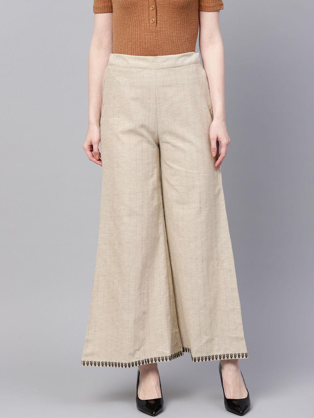 w women beige regular fit self-striped parallel trousers