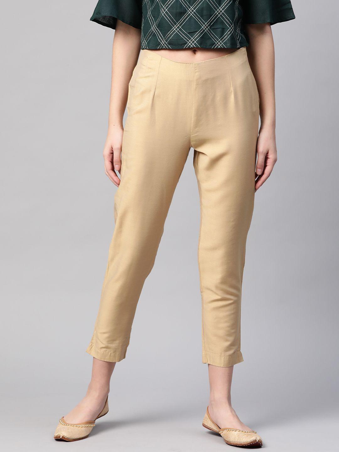 w women beige slim fit solid regular trousers