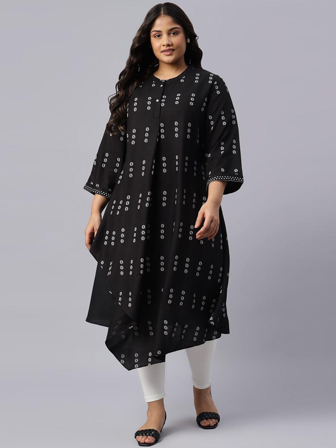 w women black printed flared sleeves thread work asymmetric kurta