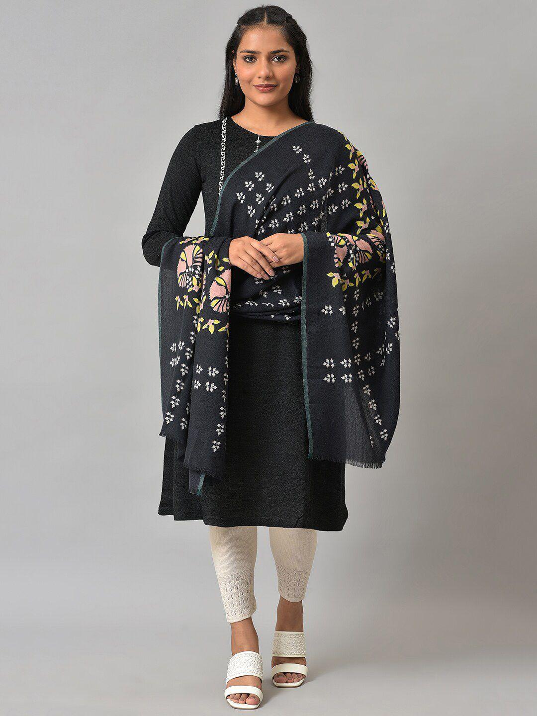 w women black printed woolen shawl