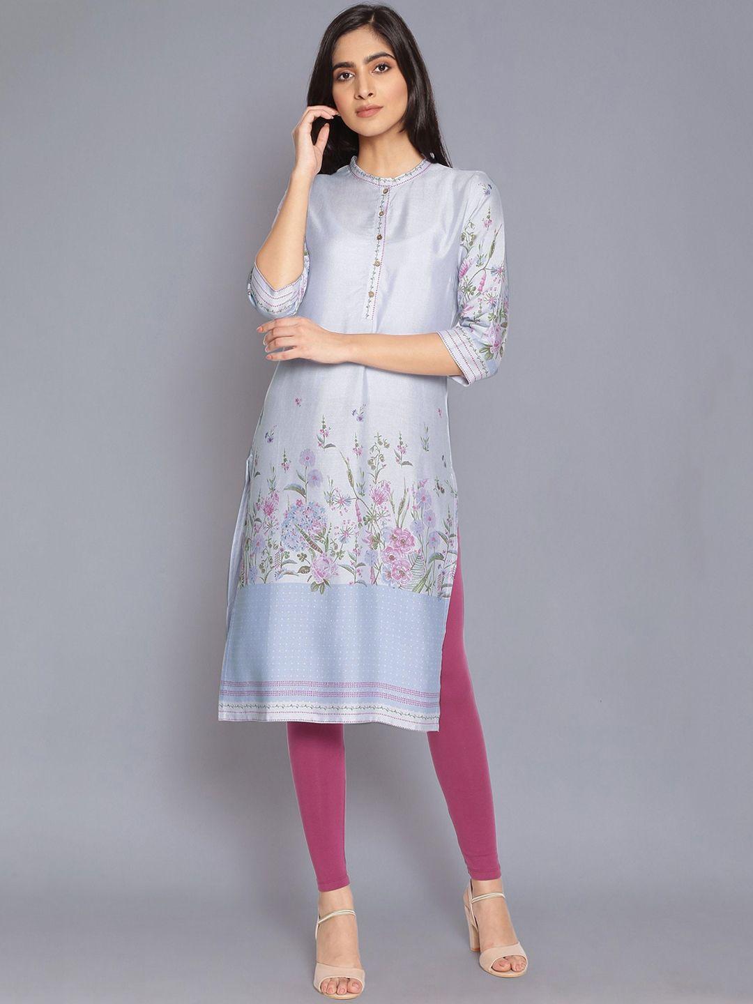 w women blue & pink floral printed kurta