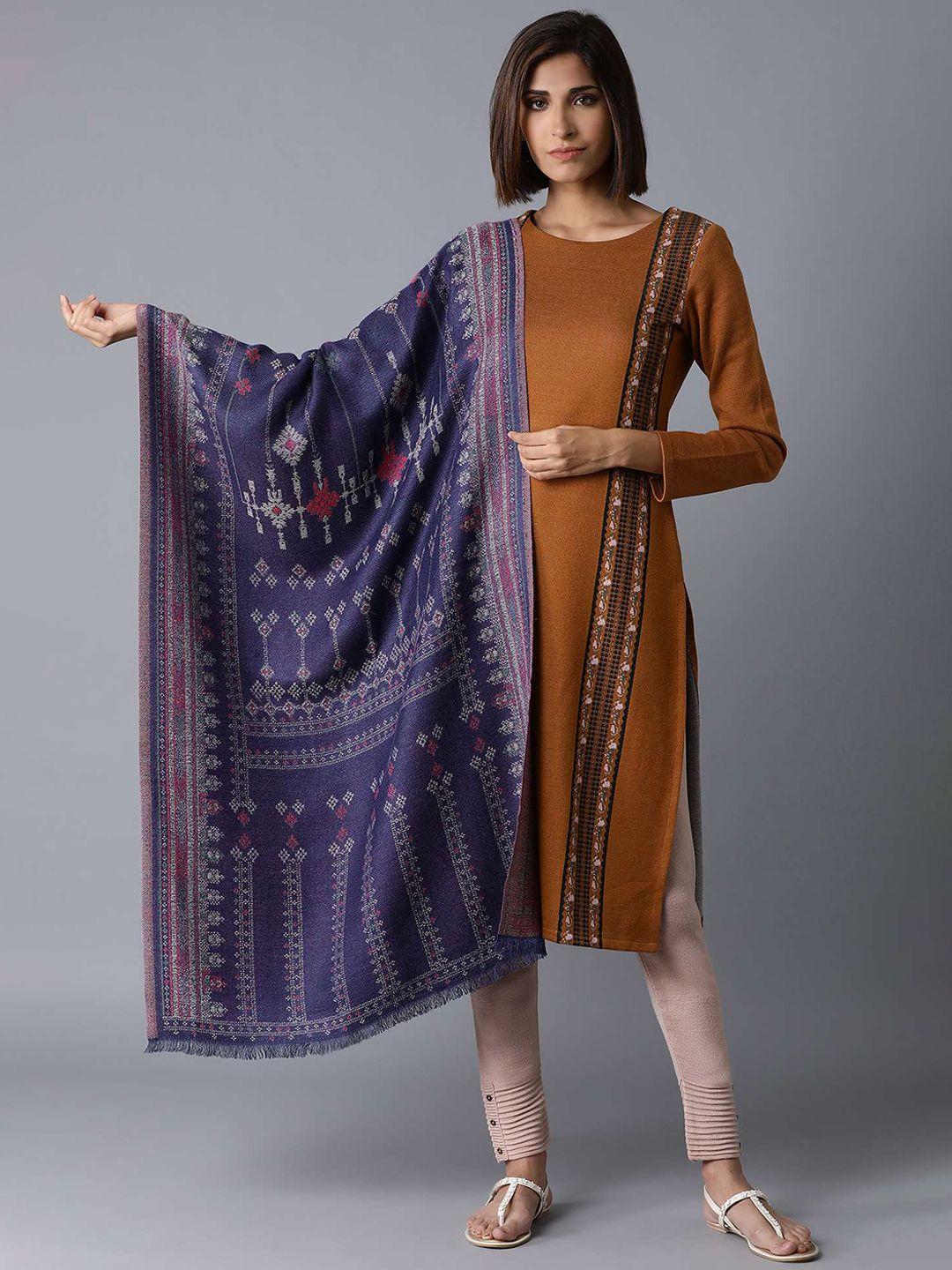 w women blue & pink woven design shawl