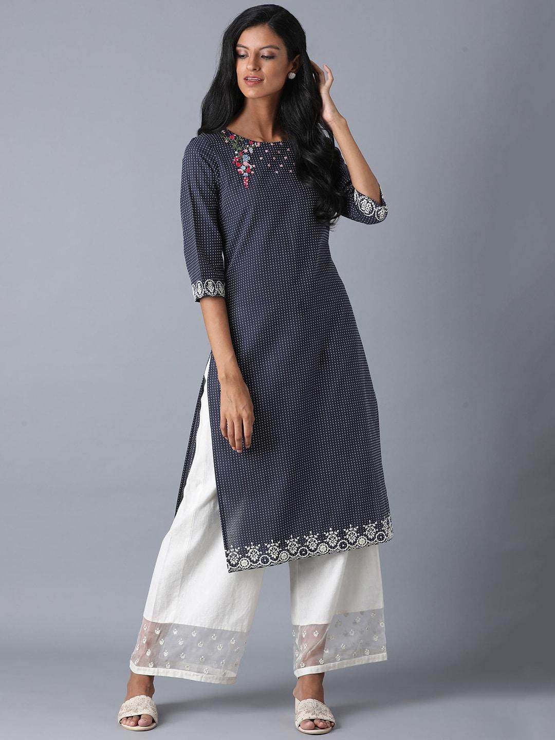w women blue geometric yoke design embroidered kurta