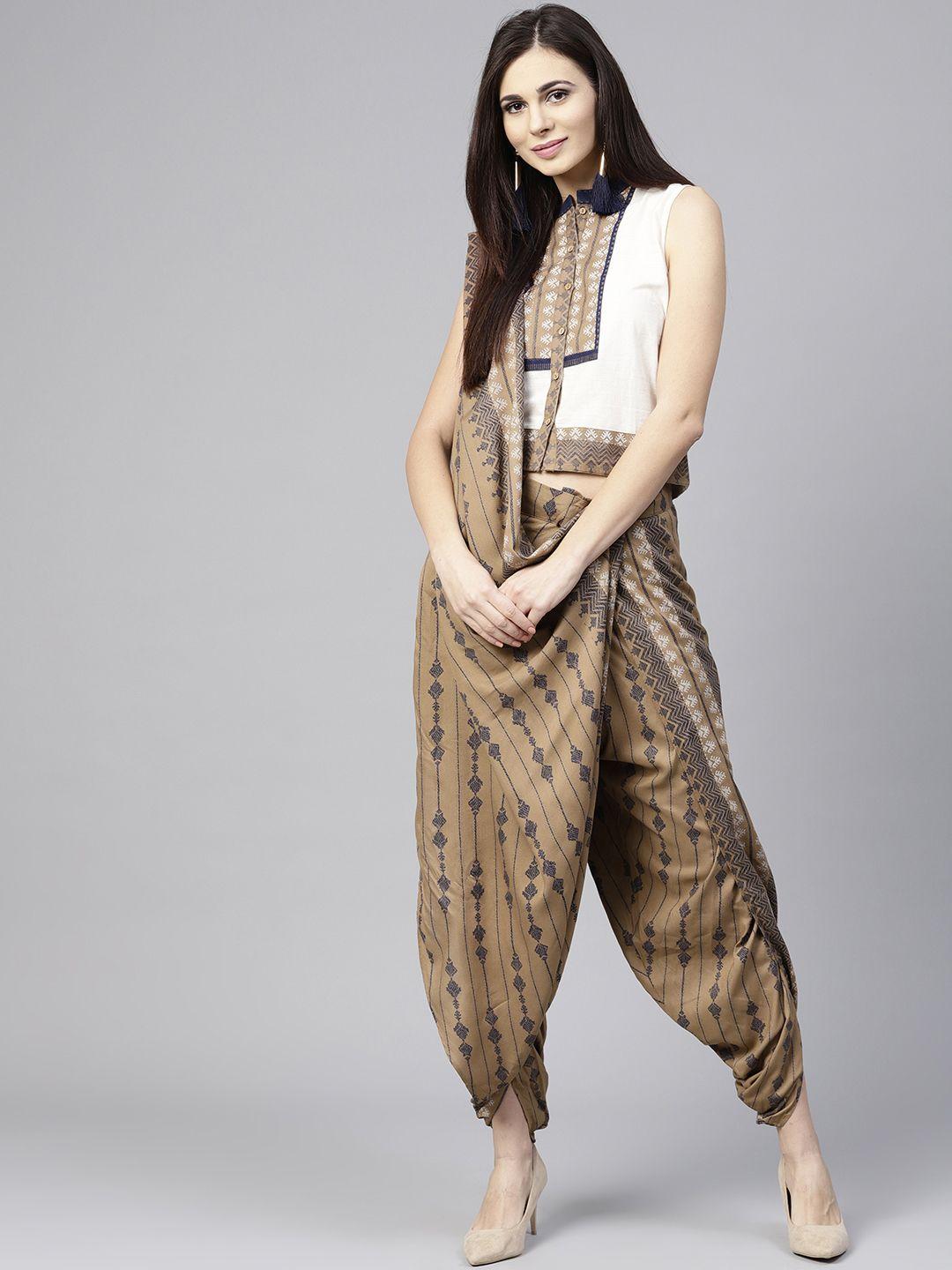 w women brown & off-white printed top & dhoti pants with attached dupatta
