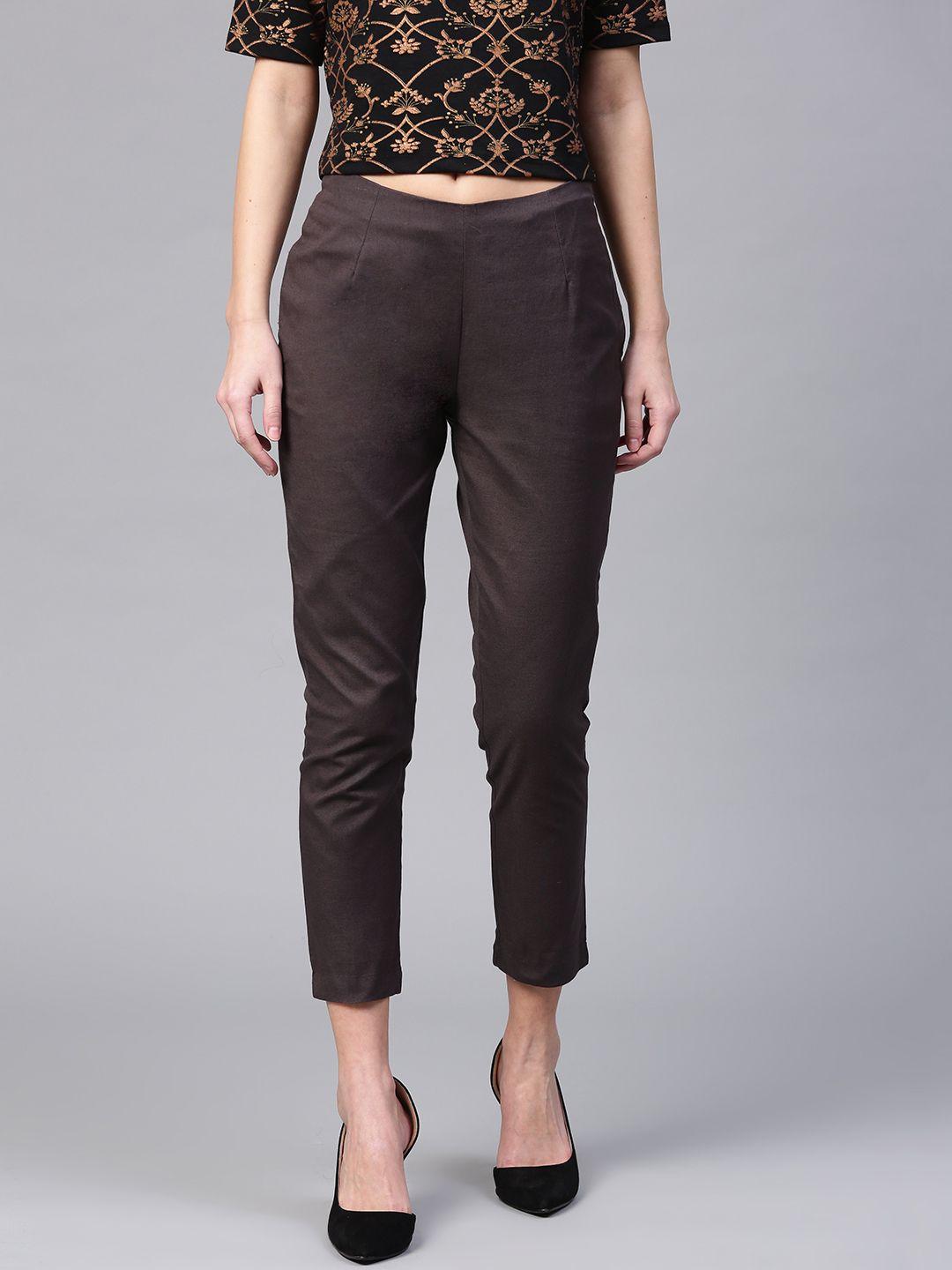w women charcoal grey slim fit solid cropped cigarette trousers