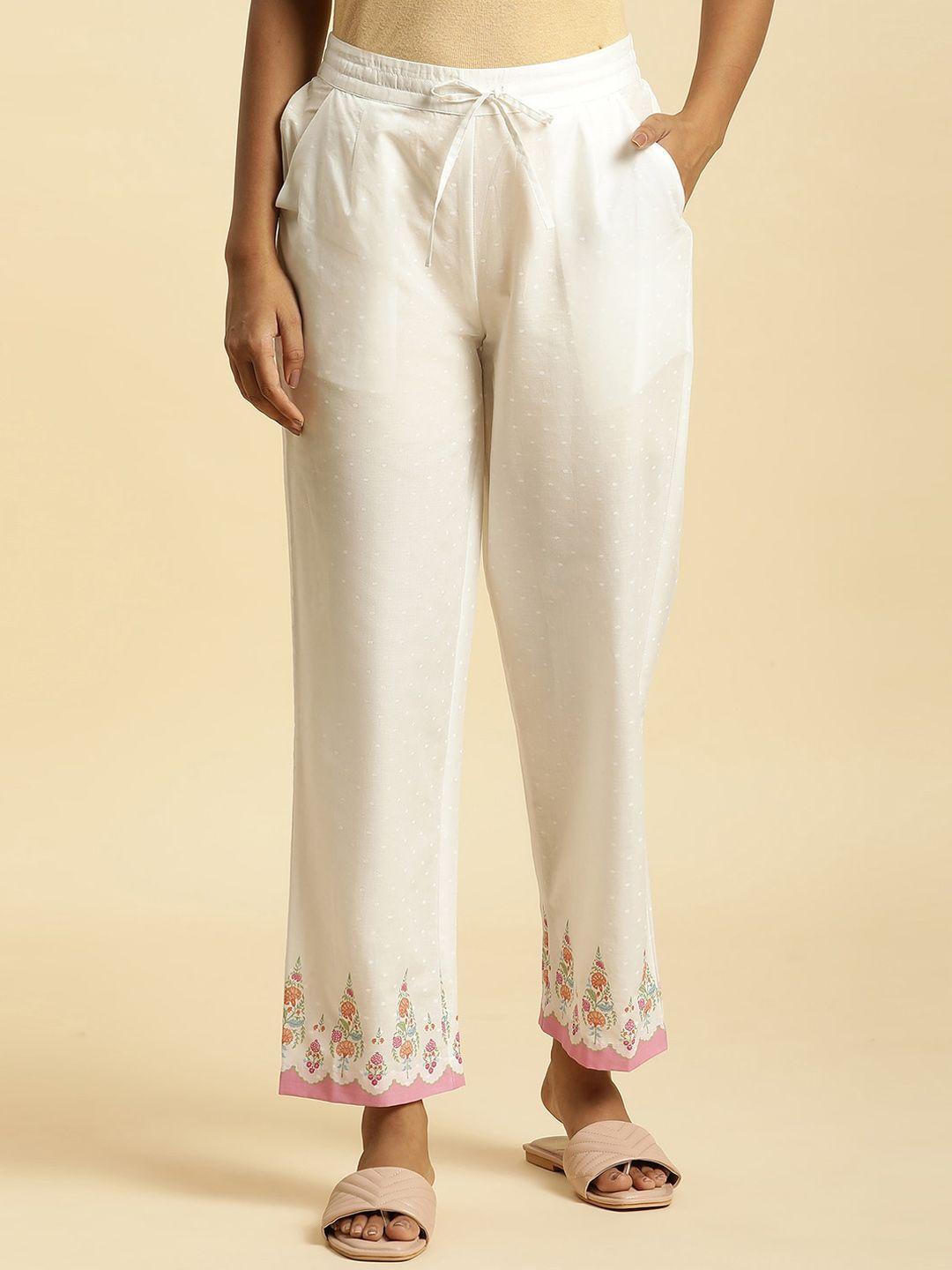 w women embroidered mid-rise pure cotton straight fit trousers