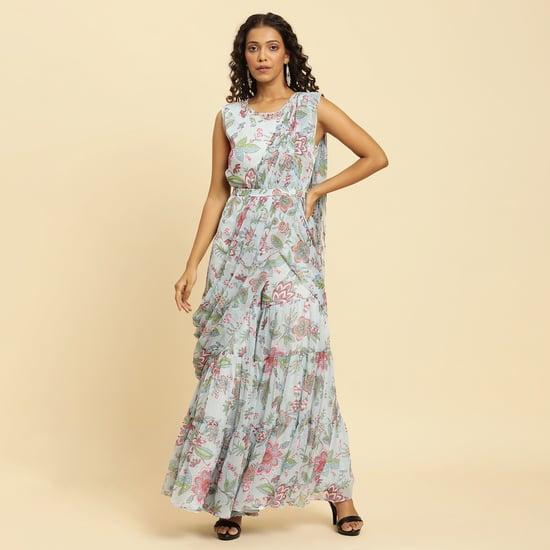 w women floral printed belted sharara saree jumpsuit