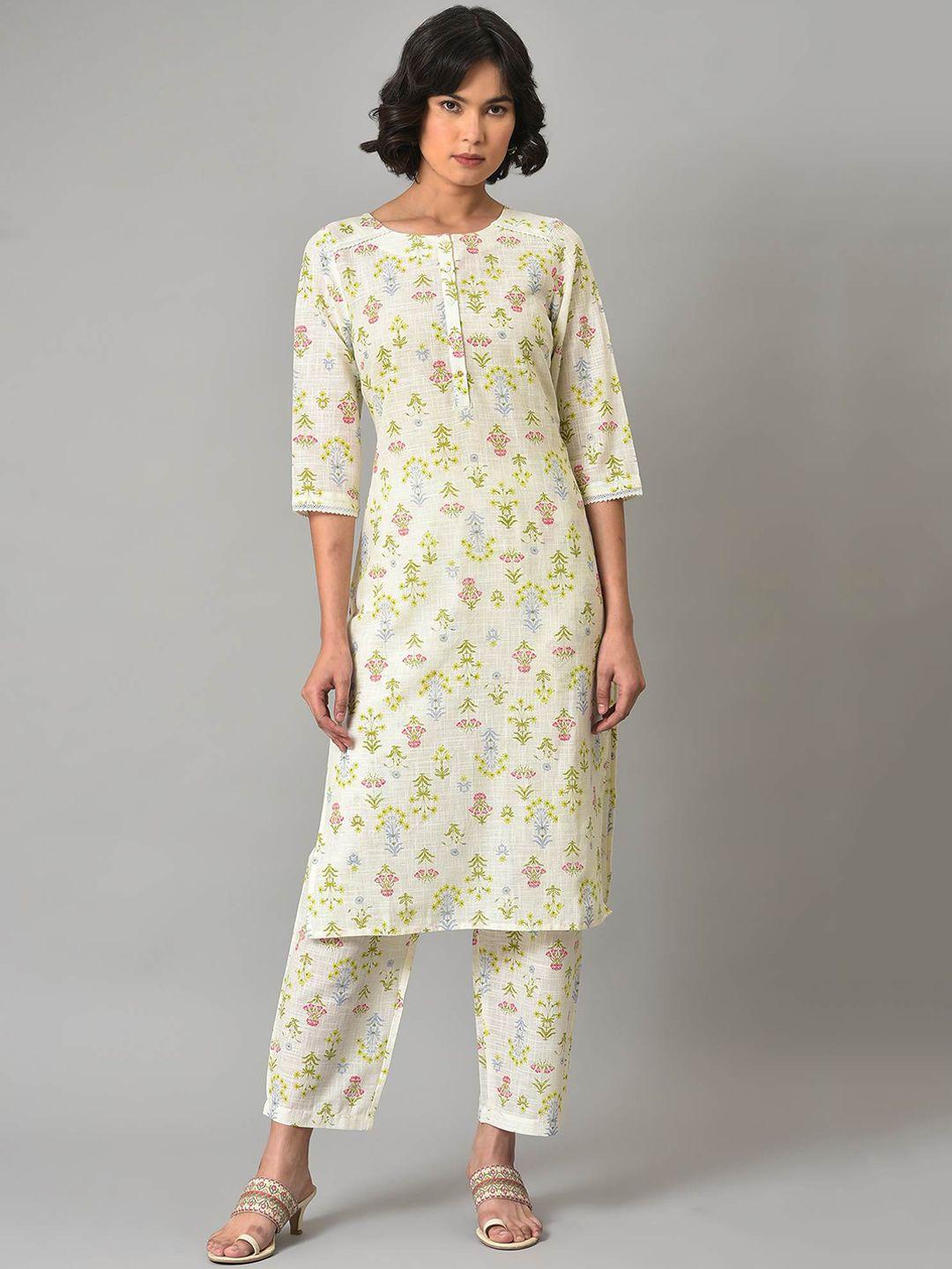 w women floral printed pure cotton kurta with trousers