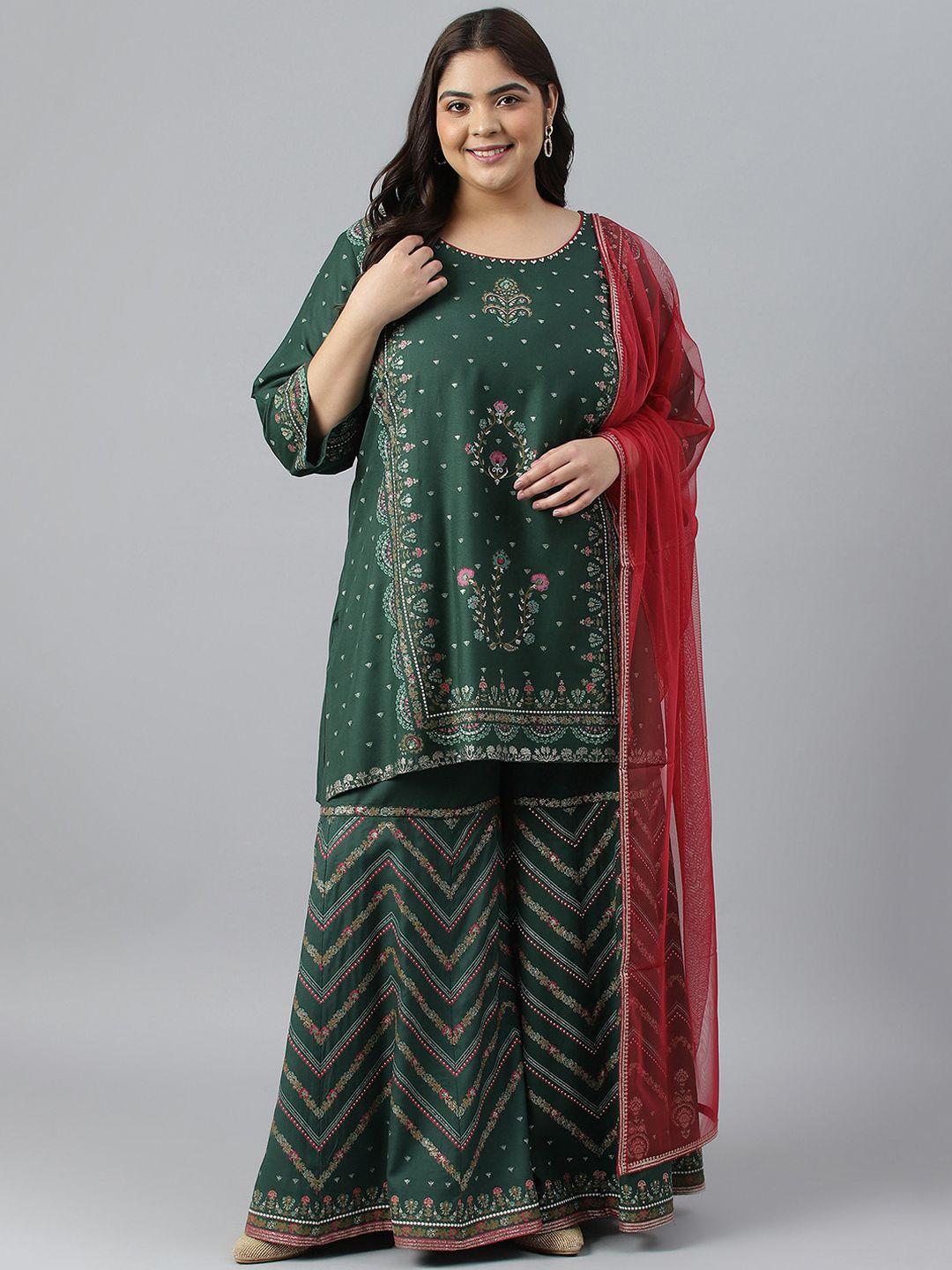 w women floral printed sequinned kurta with sharara & with dupatta