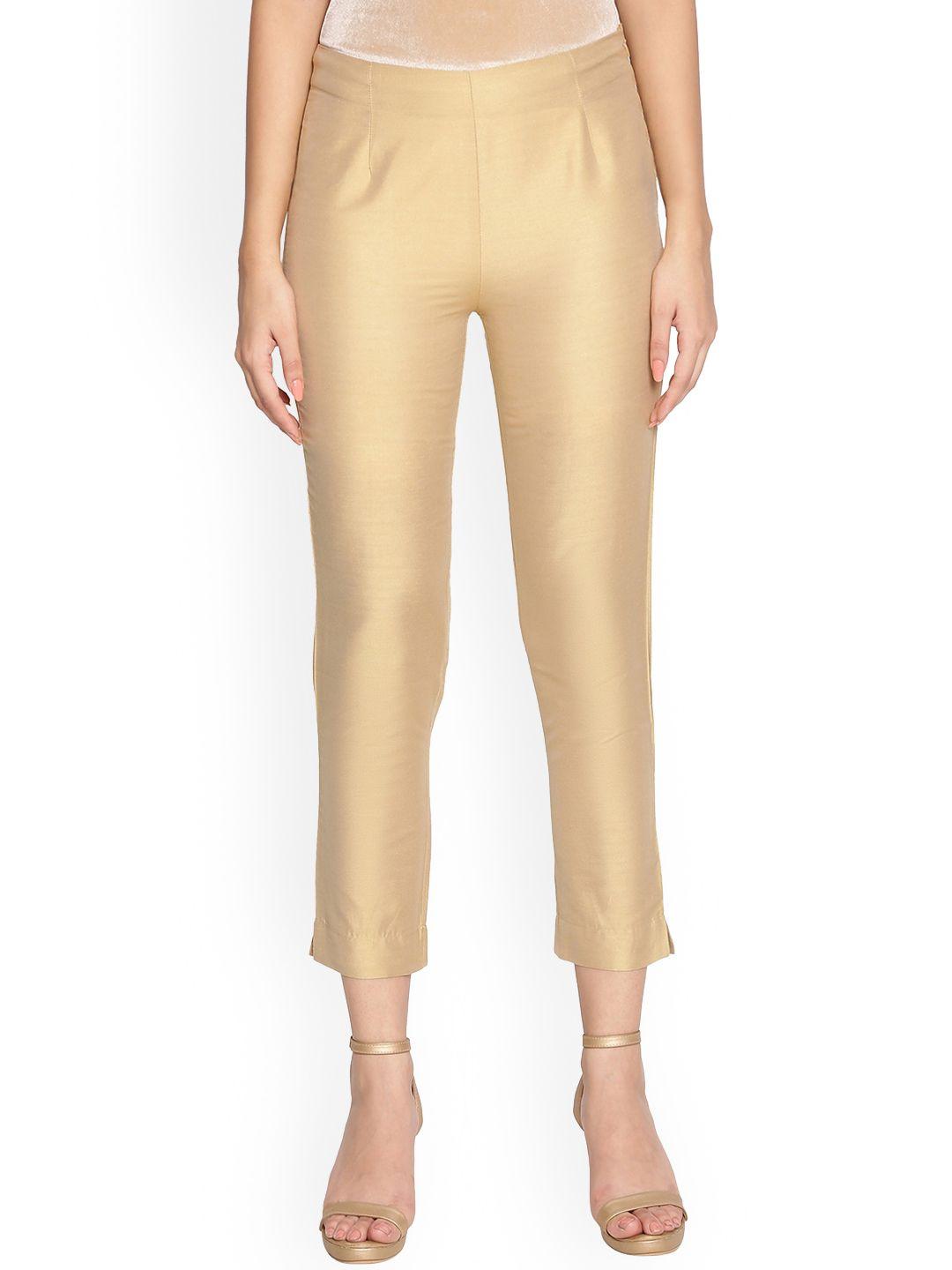 w women gold-toned comfort slim fit cropped trousers