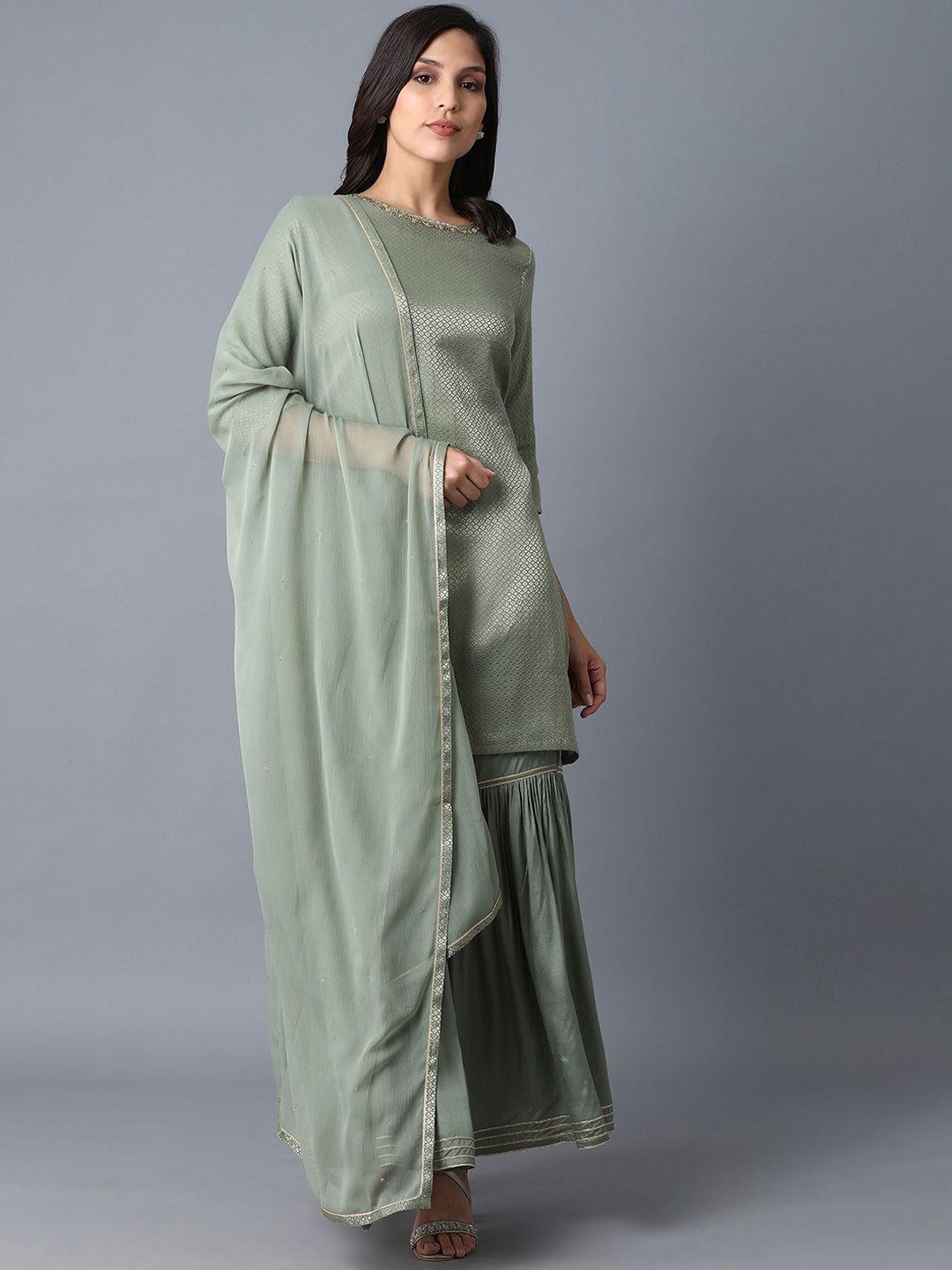 w women green embroidered layered kurti with sharara & with dupatta