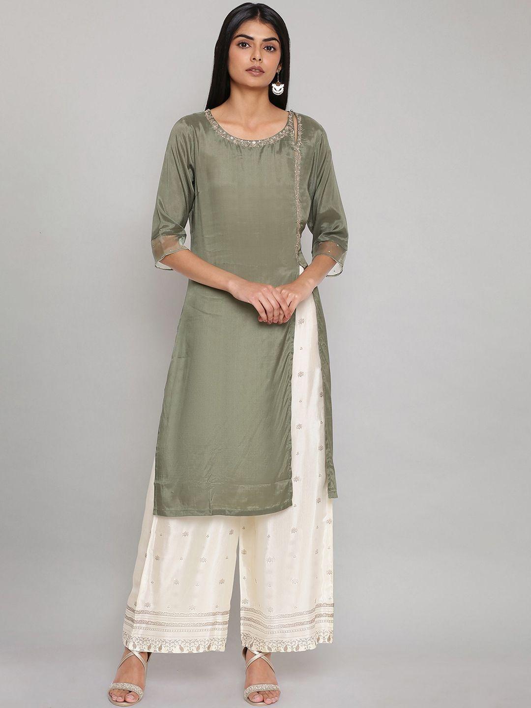 w women green floral embroidered pleated kurti with sharara