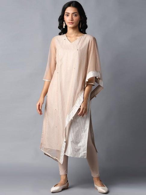 w women grey festive floral print rayon saree kurta with tight