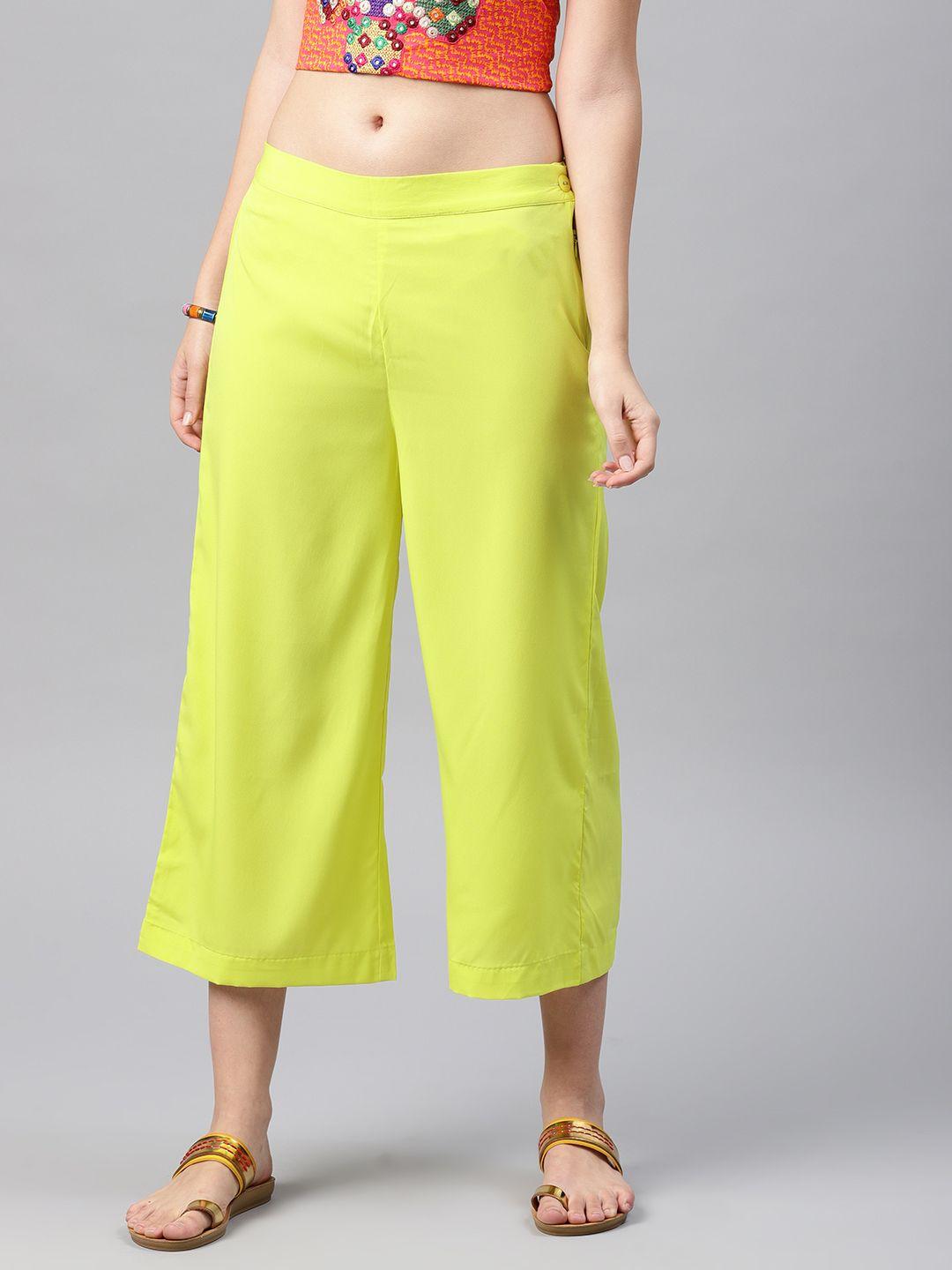 w women lime green solid cropped trousers
