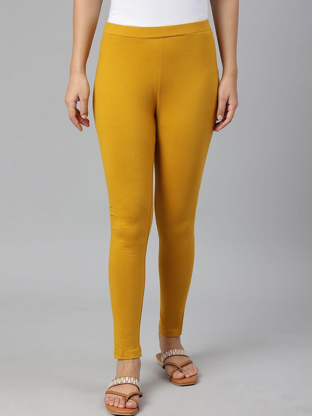 w women mustard solid ankle length leggings