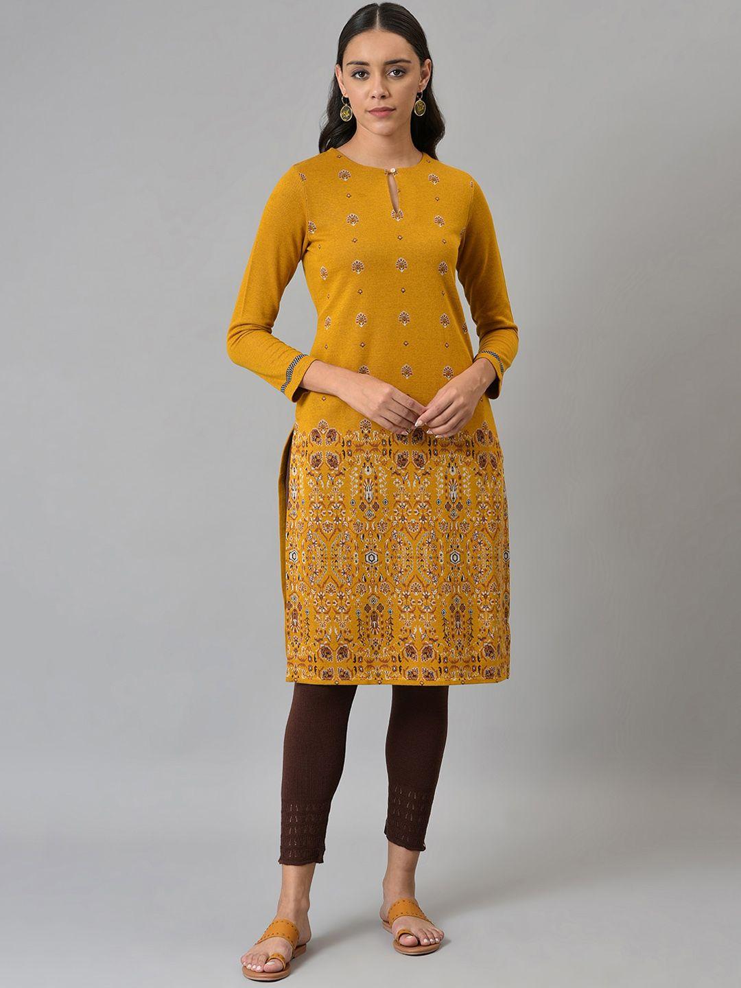w women mustard yellow ethnic motifs printed keyhole neck kurta