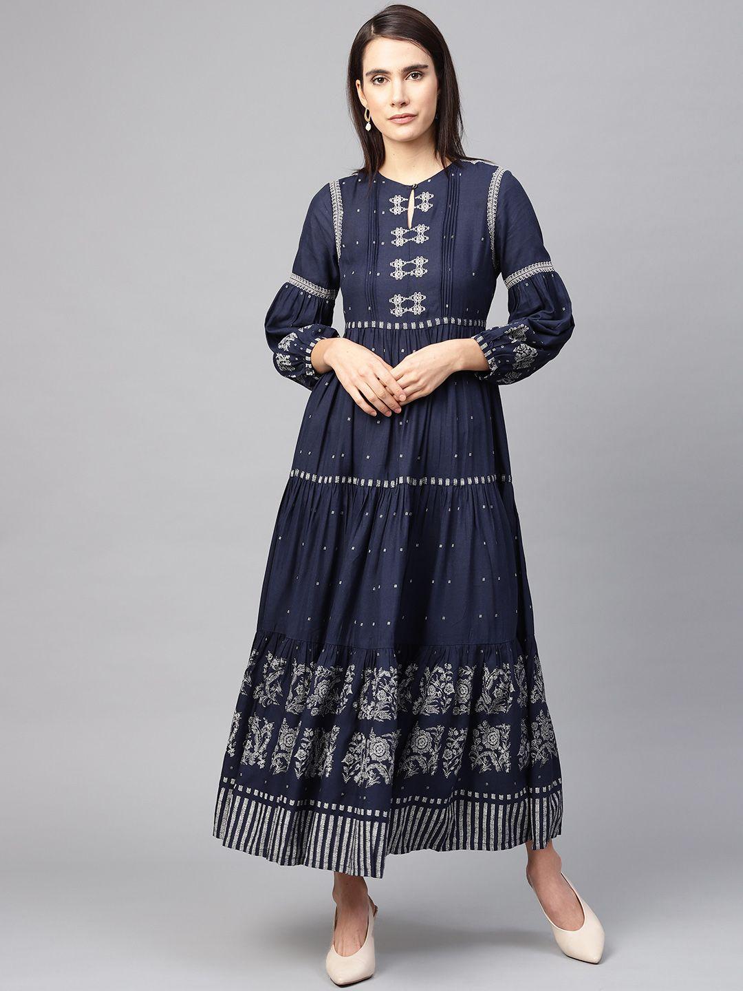 w women navy blue & off-white printed maxi dress