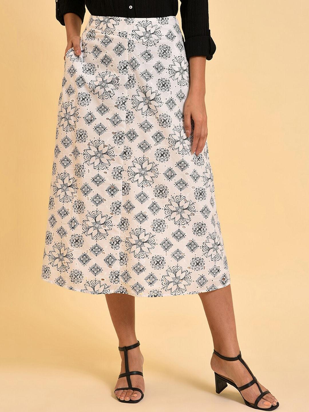 w women off white and black floral printed pure cotton a-line midi skirt