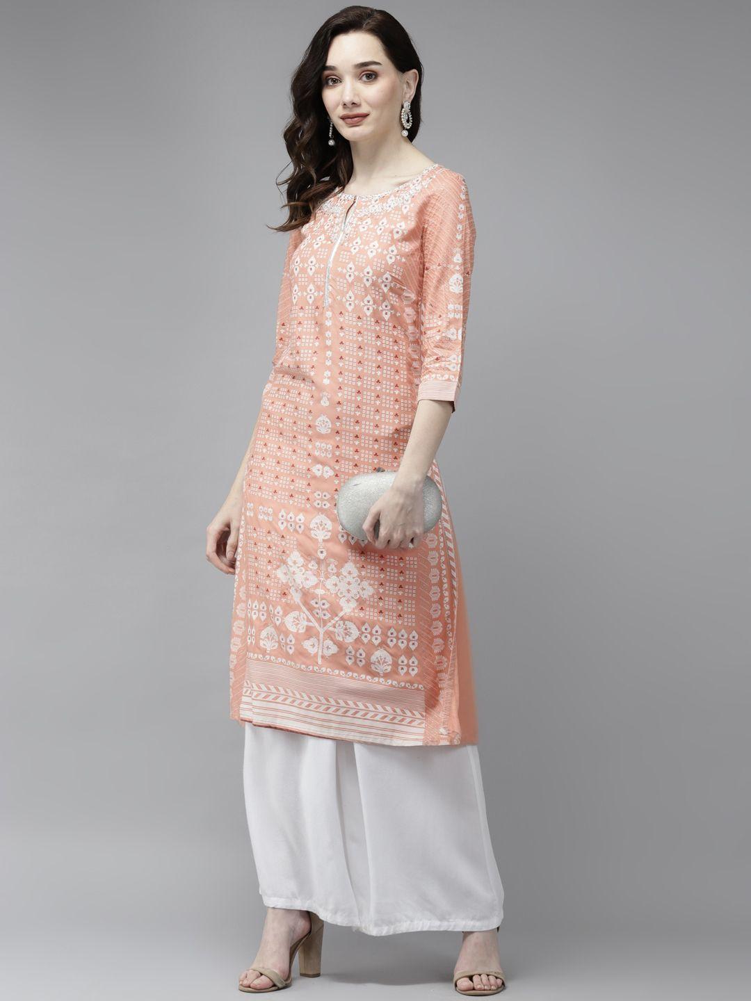 w-women-peach-coloured-&-white-ethnic-motifs-printed-keyhole-neck-kurta