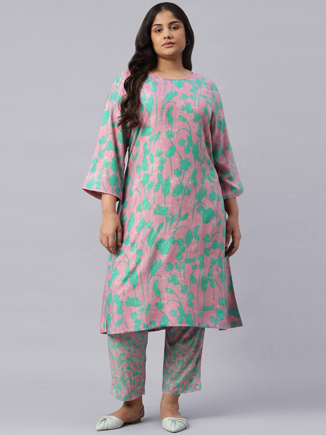 w women pink & green floral printed flared sleeves floral kurta