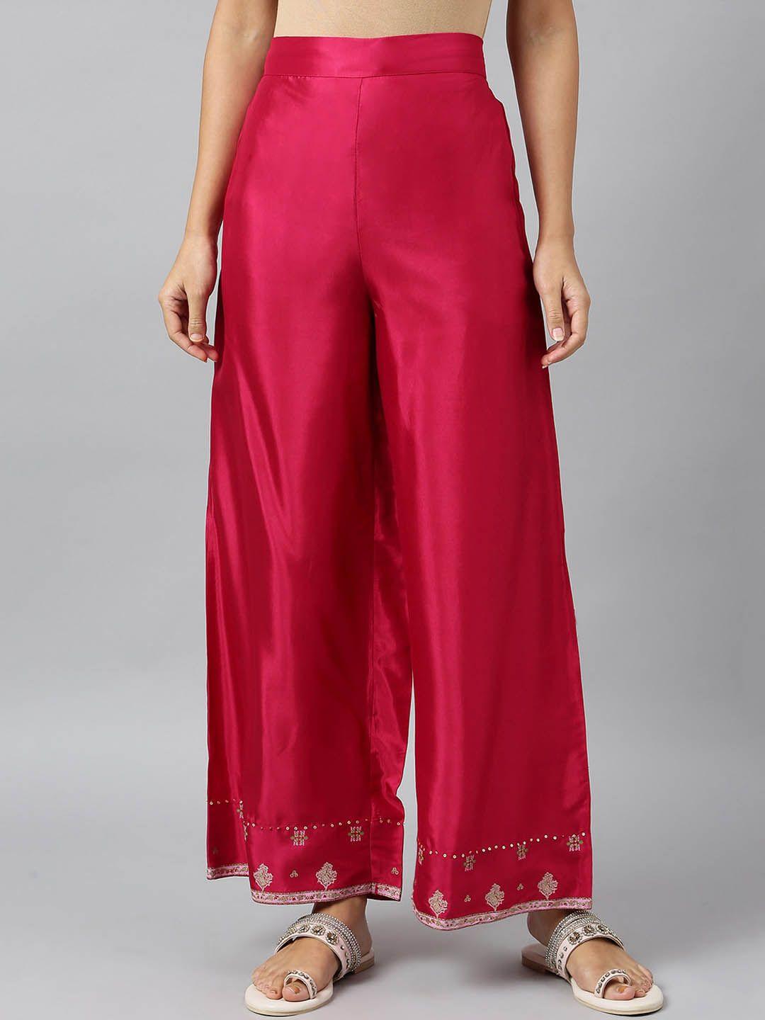 w women pink ethnic motifs embroidered trouser