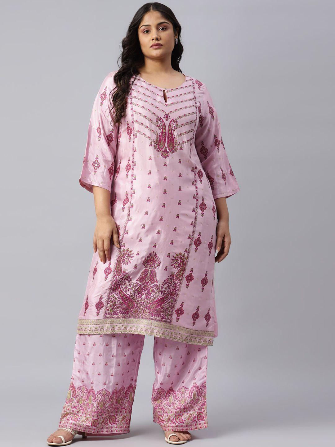 w women pink ethnic motifs printed flared sleeves pastels kaftan kurta