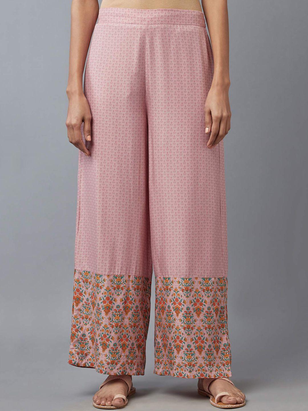 w women pink ethnic motifs printed parallel trousers