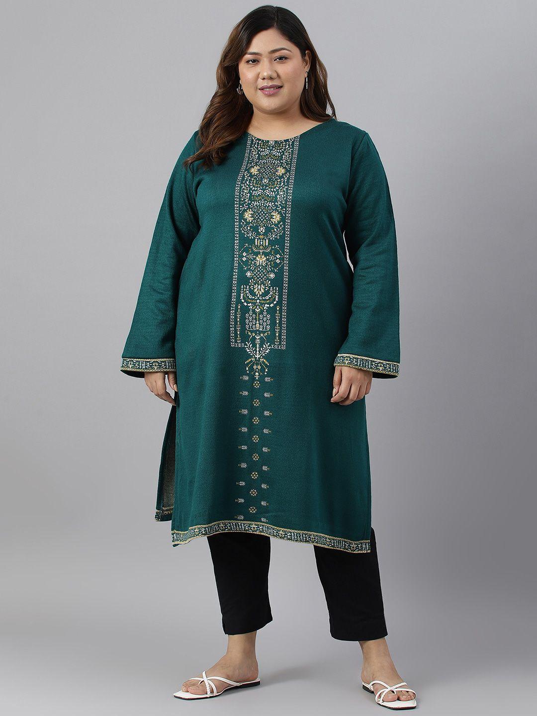w women plus size ethnic motifs printed flared sleeves acrylic kurta