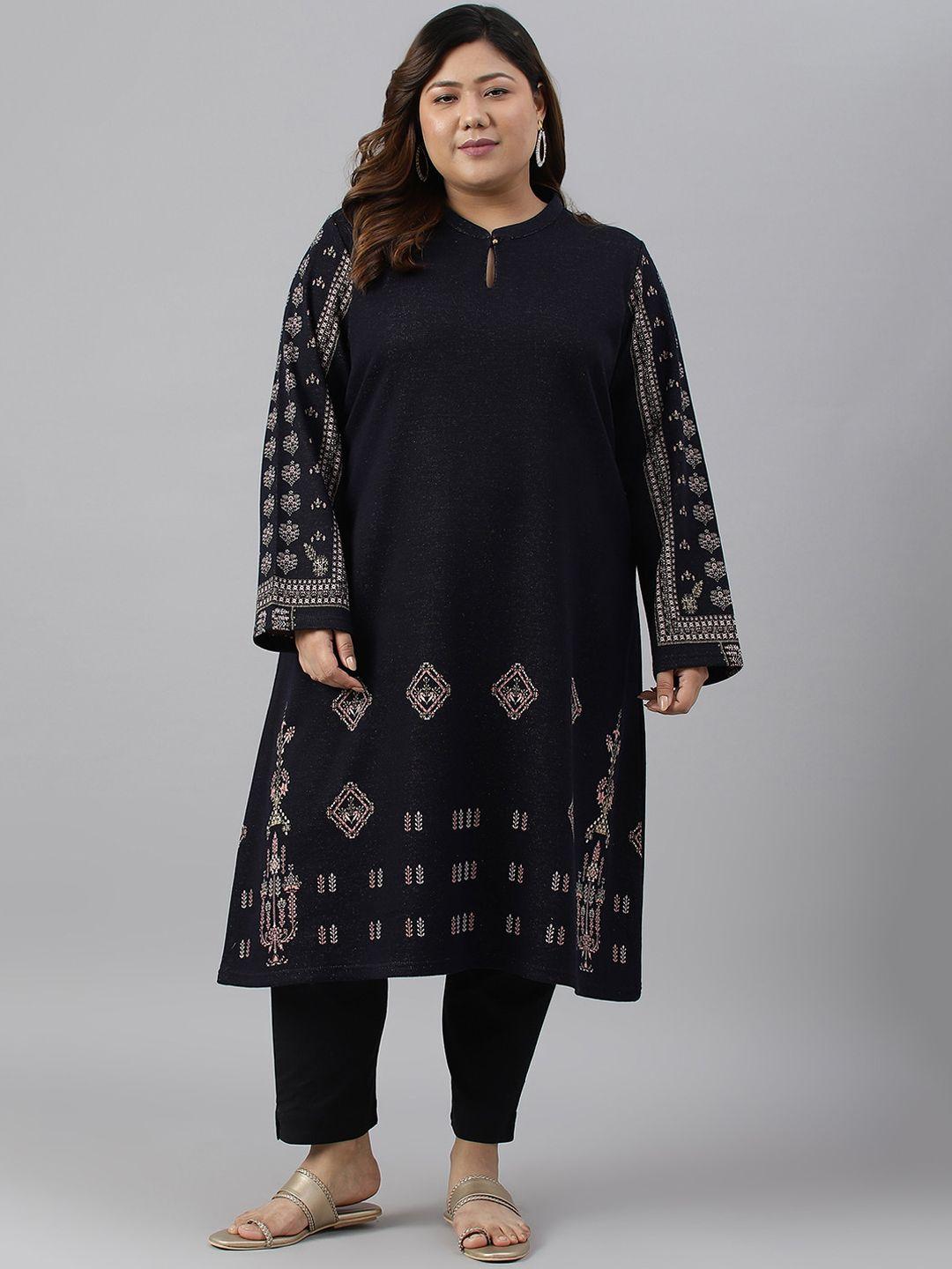 w women plus size ethnic motifs printed keyhole neck indigo kurta