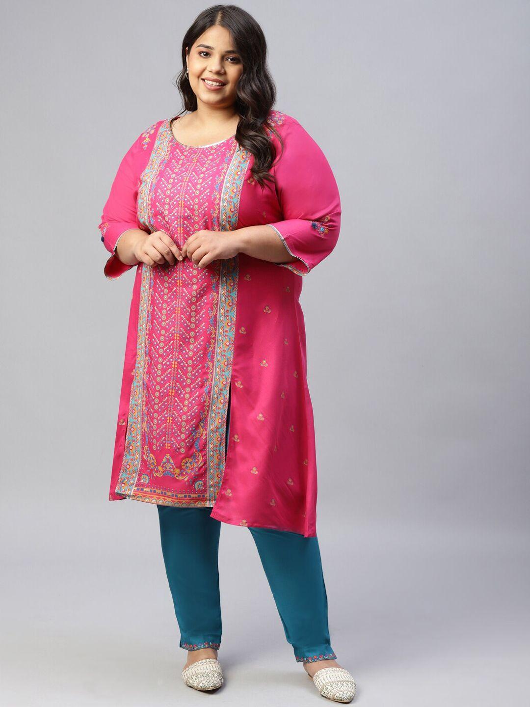 w women plus size pink ethnic motifs thread work kurta