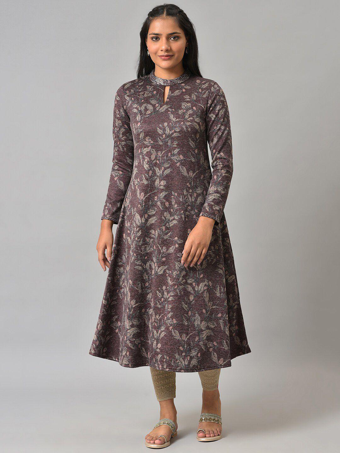 w women purple ethnic motifs printed keyhole neck flared sleeves anarkali kurta
