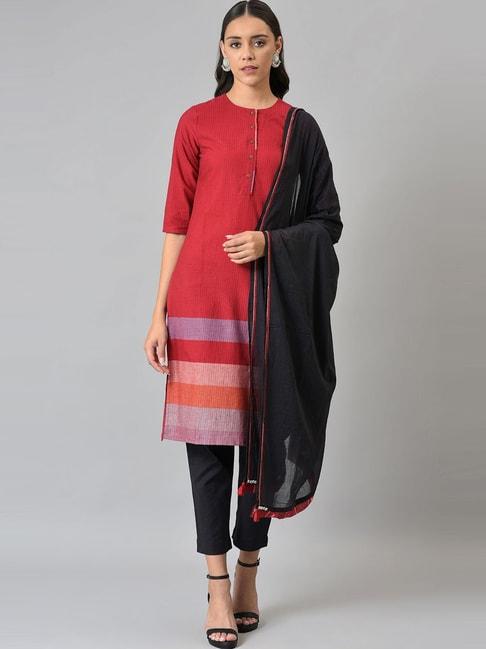 w women red geometric print cotton blend kurta with slim pant & dupatta